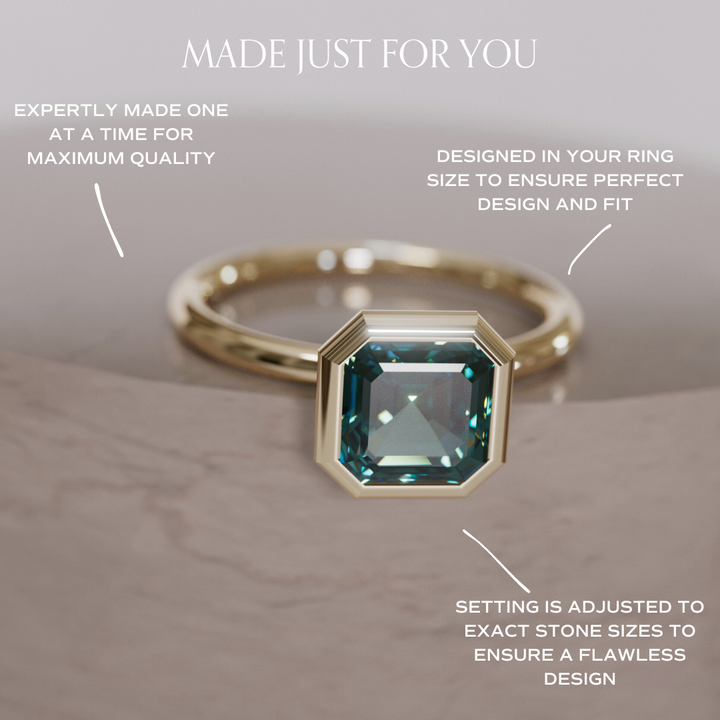 Unique Teal Sapphire Engagement Ring, Asscher Cut Bezel Set By Valley Rose