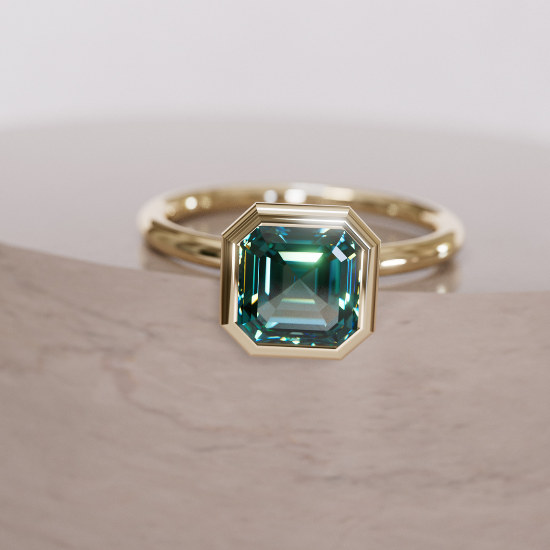 Unique Teal Sapphire Engagement Ring, Asscher Cut Bezel Set By Valley Rose