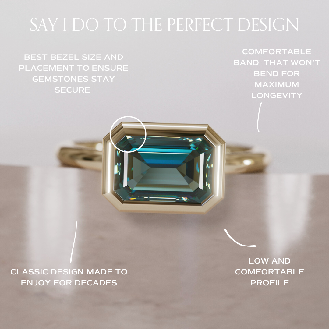 Unique Teal Sapphire Engagement Ring, Horizontal Emerald Cut Bezel Set By Valley Rose