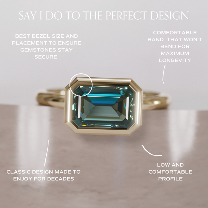 Unique Teal Sapphire Engagement Ring, Horizontal Emerald Cut Bezel Set By Valley Rose