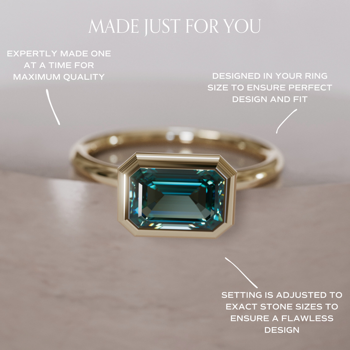 Unique Teal Sapphire Engagement Ring, Horizontal Emerald Cut Bezel Set By Valley Rose