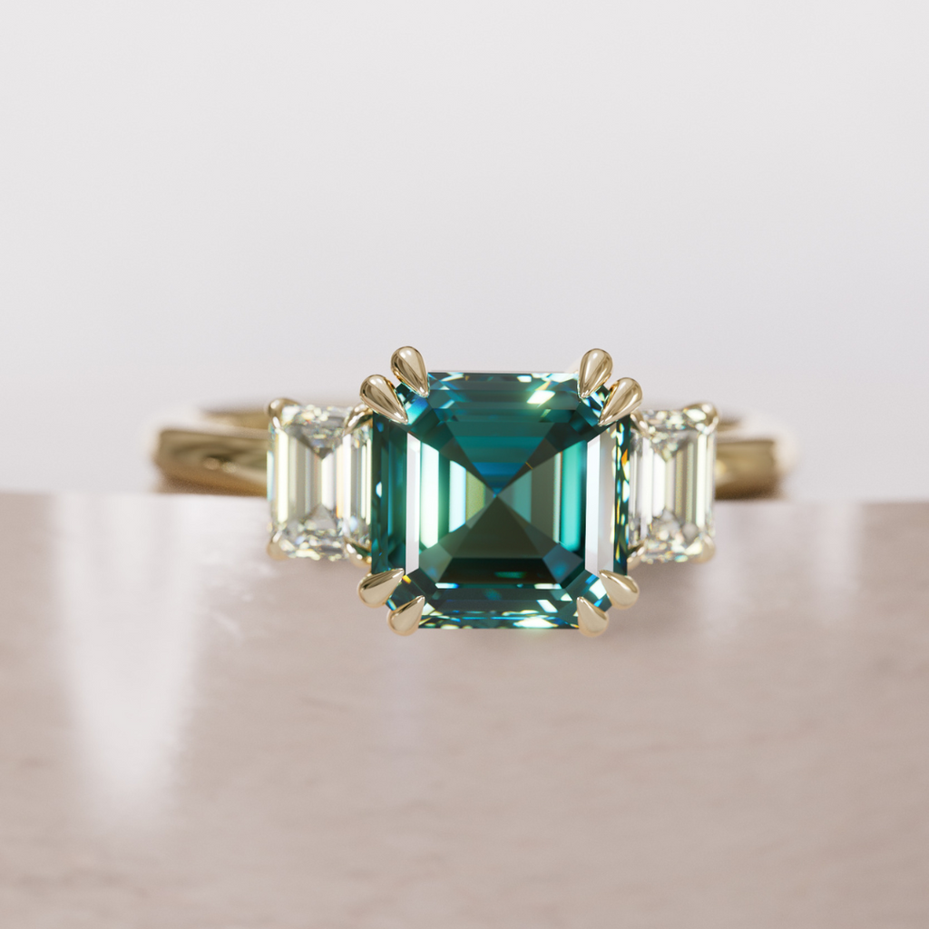 Unique Teal Sapphire Engagement Ring Three Stone Asscher Cut By Valley Rose