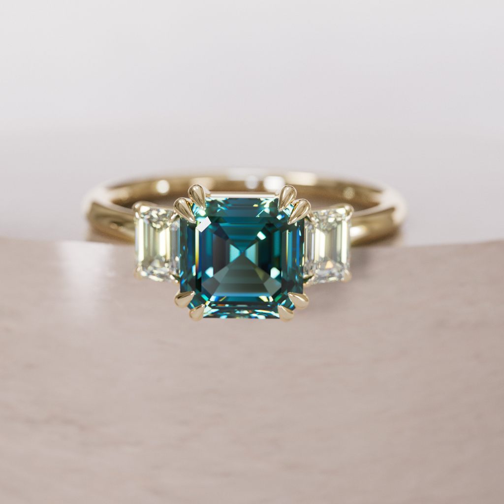 Unique Teal Sapphire Engagement Ring Three Stone Asscher Cut By Valley Rose