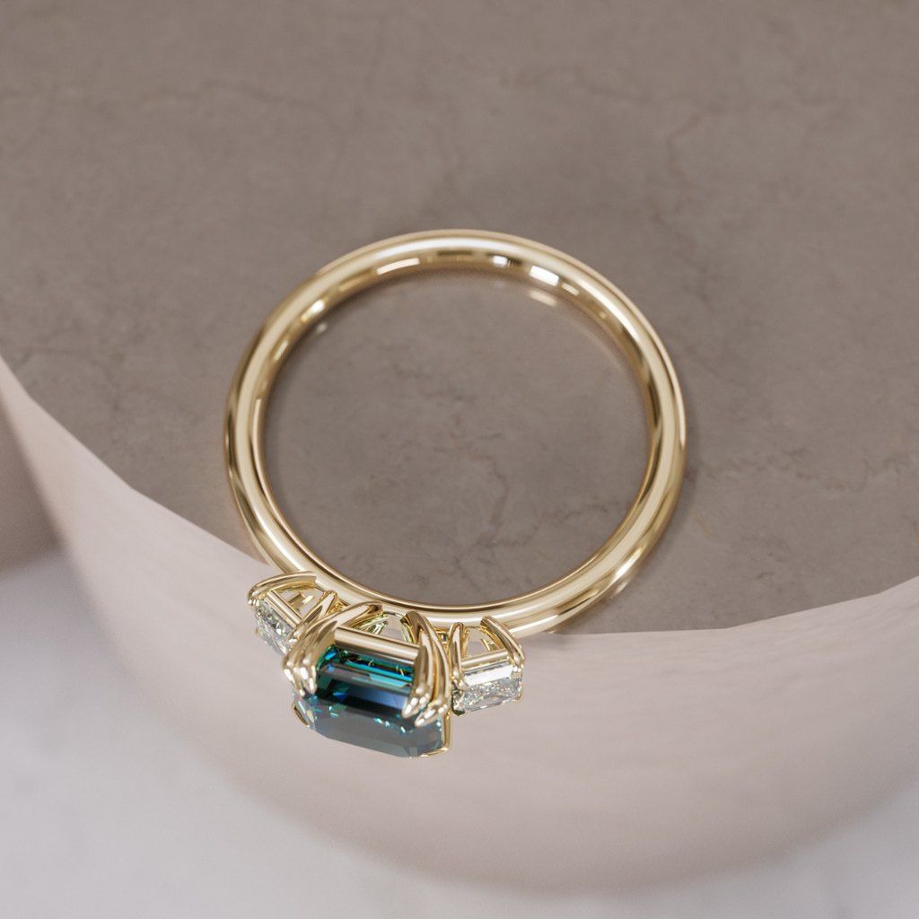 Unique Teal Sapphire Engagement Ring Three Stone Asscher Cut By Valley Rose