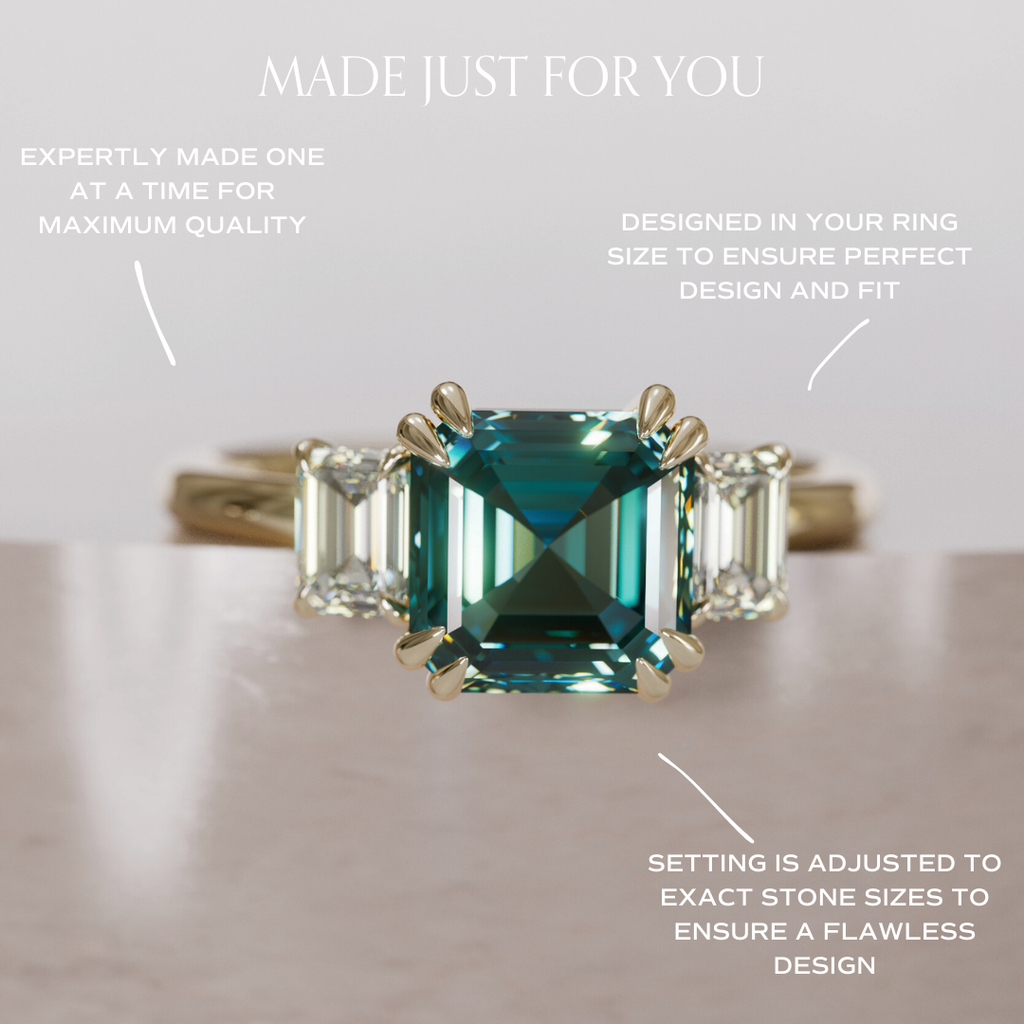 Unique Teal Sapphire Engagement Ring Three Stone Asscher Cut By Valley Rose