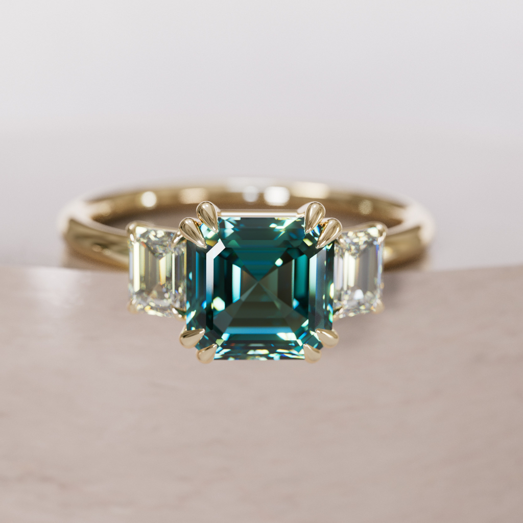 Unique Teal Sapphire Engagement Ring Three Stone Asscher Cut By Valley Rose