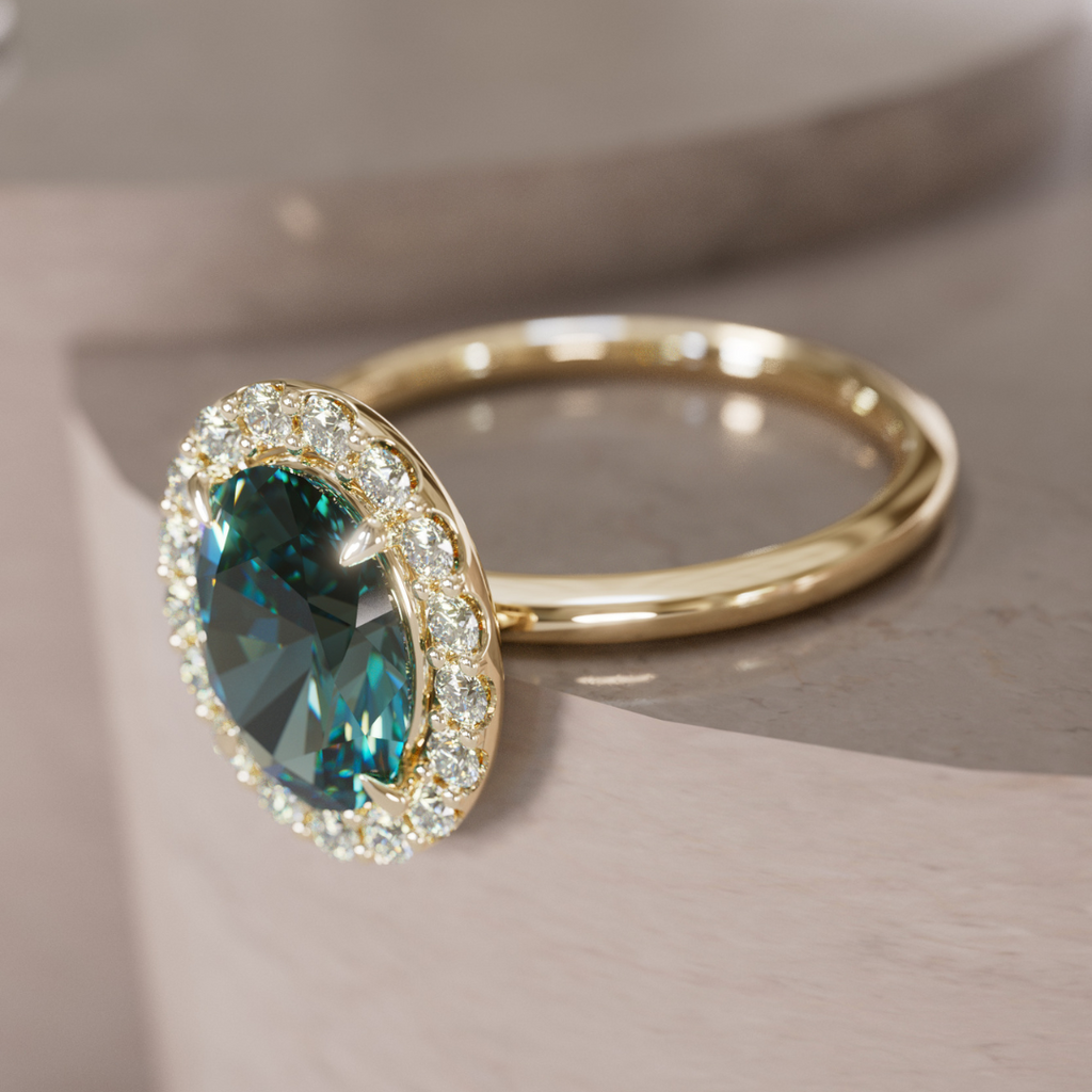 Unique Teal Sapphire Engagement Ring with Diamond Halo By Valley Rose