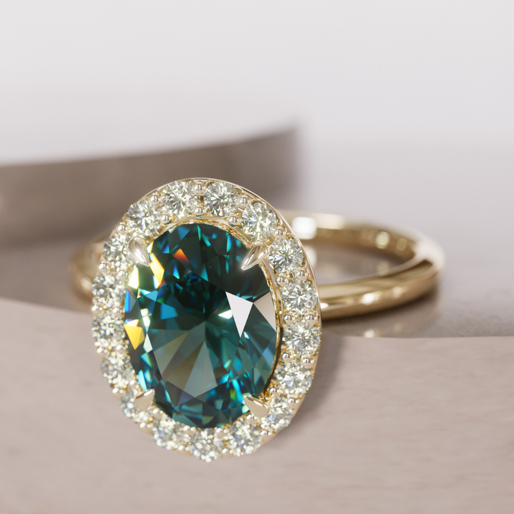 Unique Teal Sapphire Engagement Ring with Diamond Halo By Valley Rose