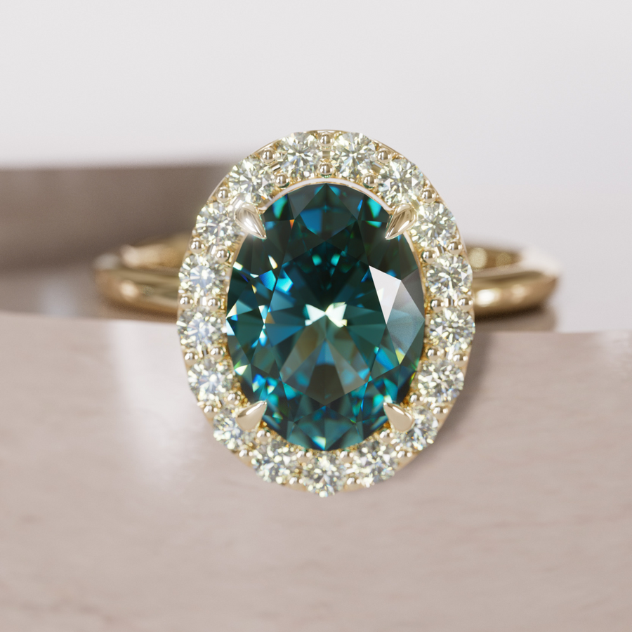 Unique Teal Sapphire Engagement Ring with Diamond Halo By Valley Rose