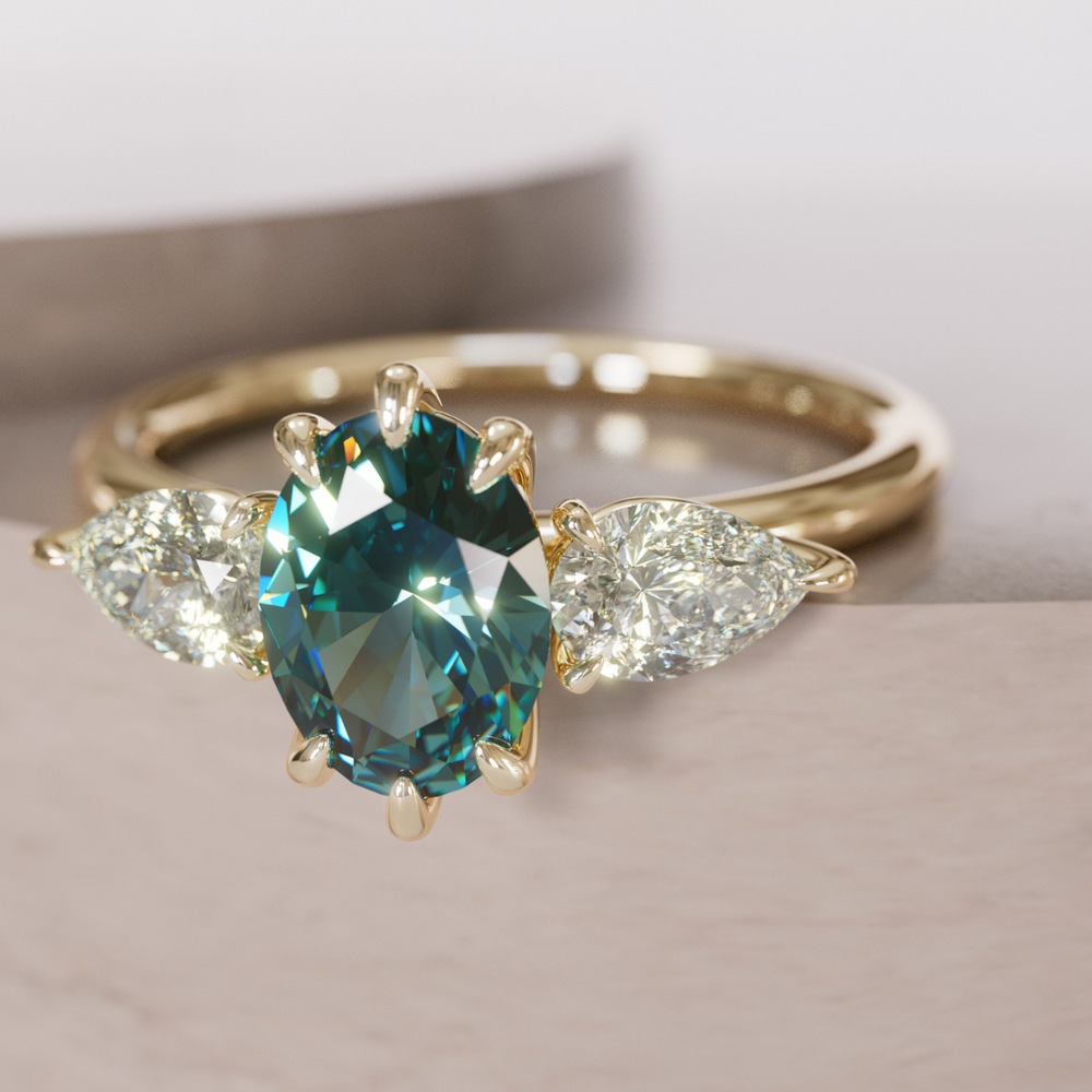 Unique Teal Sapphire Engagement Ring with Three Stone Oval and Pear Diamonds By Valley Rose