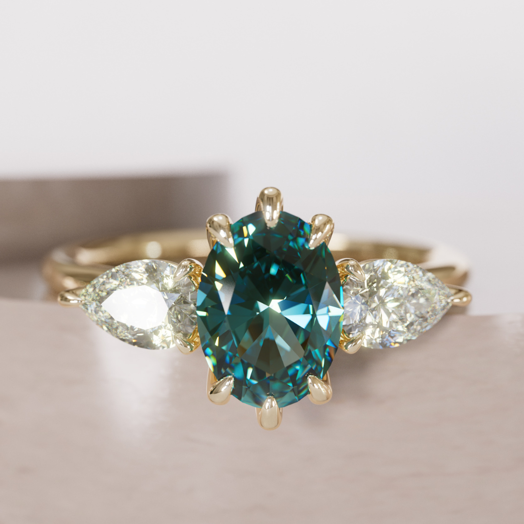 Unique Teal Sapphire Engagement Ring with Three Stone Oval and Pear Diamonds By Valley Rose