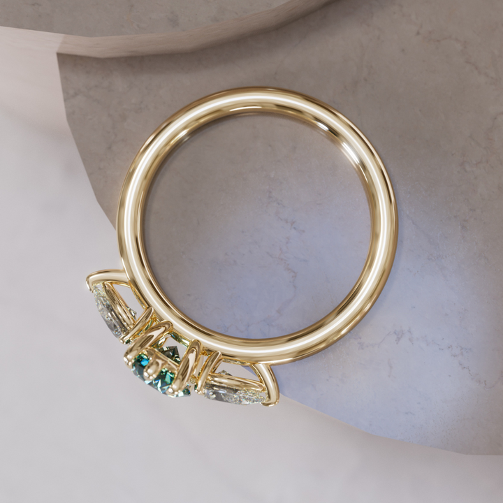 Unique Teal Sapphire Engagement Ring with Three Stone Oval and Pear Diamonds By Valley Rose