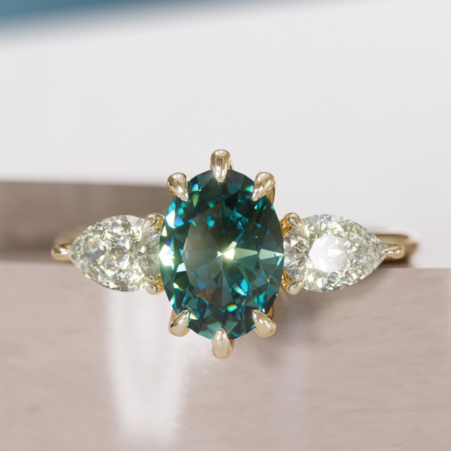 Unique Teal Sapphire Engagement Ring with Three Stone Oval and Pear Diamonds By Valley Rose