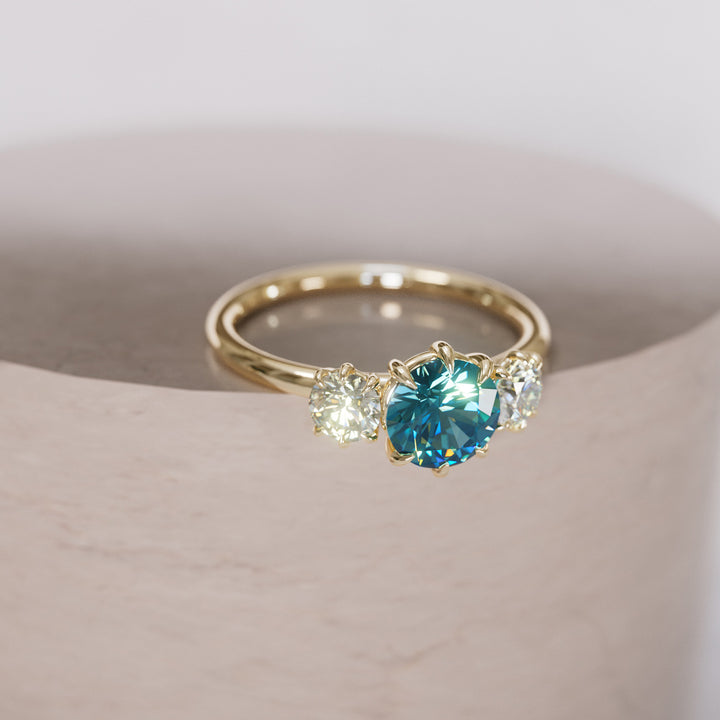 Three Stone Blue Sapphire Engagement Ring with Diamonds By Valley Rose