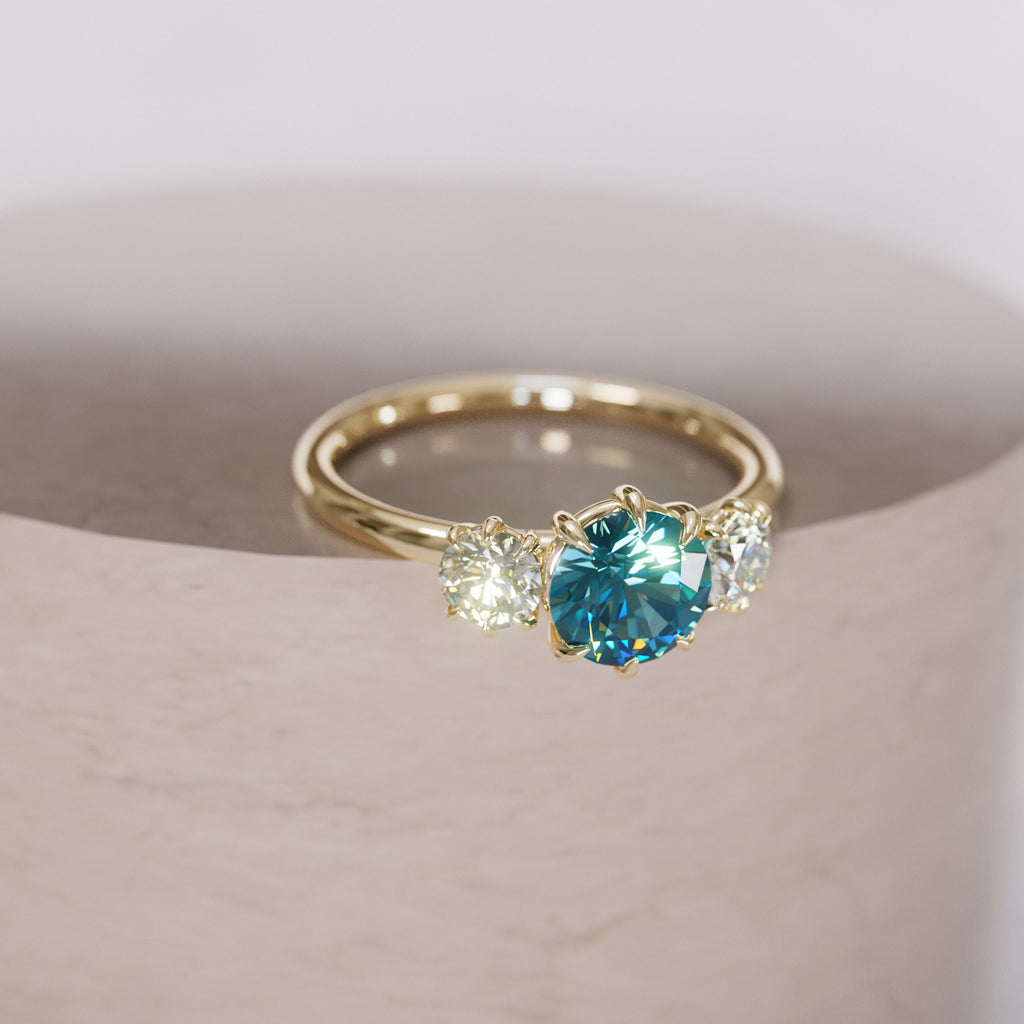 Three Stone Blue Sapphire Engagement Ring with Diamonds By Valley Rose