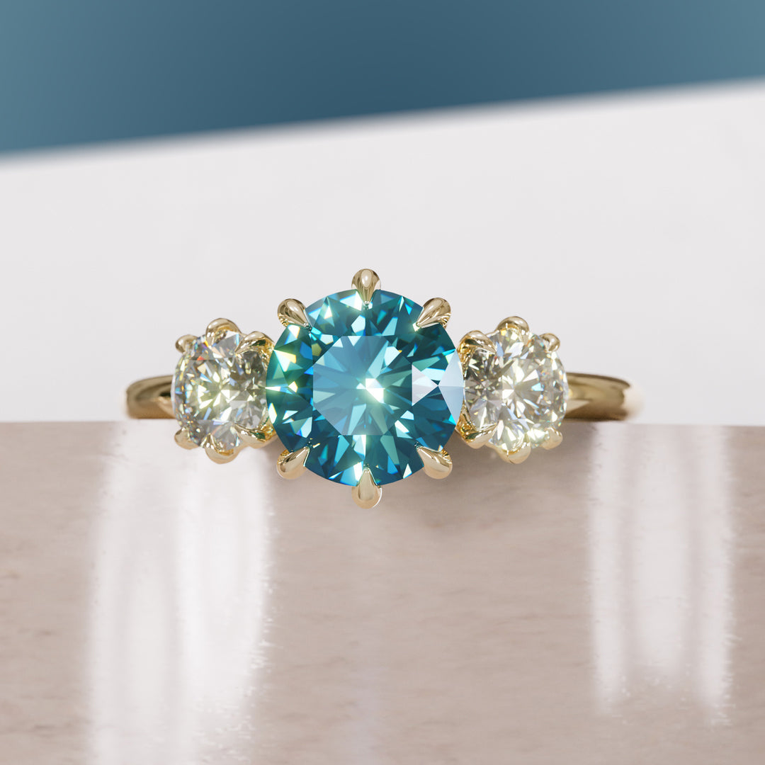Three Stone Blue Sapphire Engagement Ring with Diamonds By Valley Rose