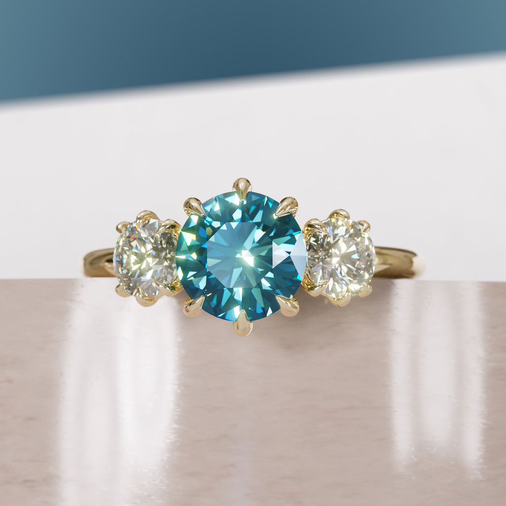 Three Stone Blue Sapphire Engagement Ring with Diamonds By Valley Rose