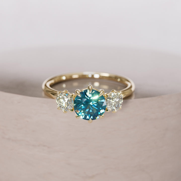 Three Stone Blue Sapphire Engagement Ring with Diamonds By Valley Rose