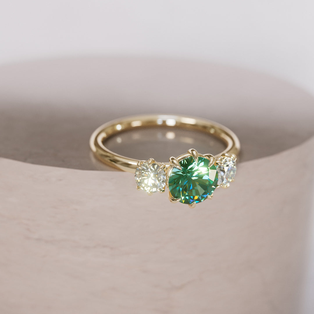 Three Stone Green Sapphire Engagement Ring with Diamonds By Valley Rose