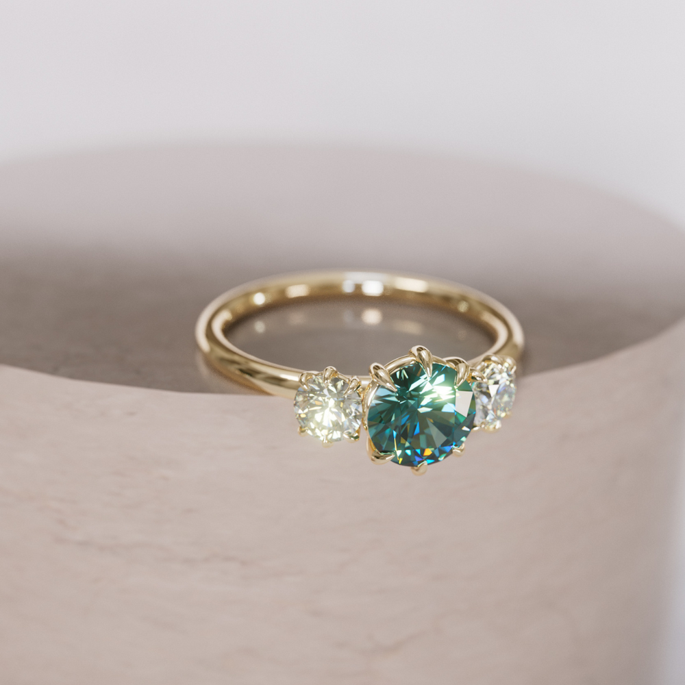 Three Stone Teal Sapphire Engagement Ring with Diamonds By Valley Rose