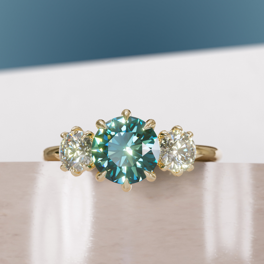 Three Stone Teal Sapphire Engagement Ring with Diamonds By Valley Rose