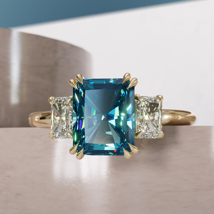 Unique Radiant Cut Blue Sapphire and Diamond Engagement Ring By Valley Rose