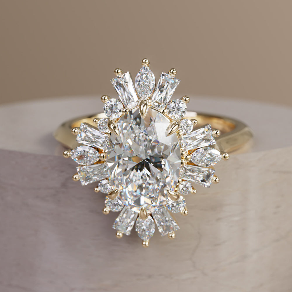 Vintage Fantasy Halo Engagement Ring with Oval Diamond By Valley Rose