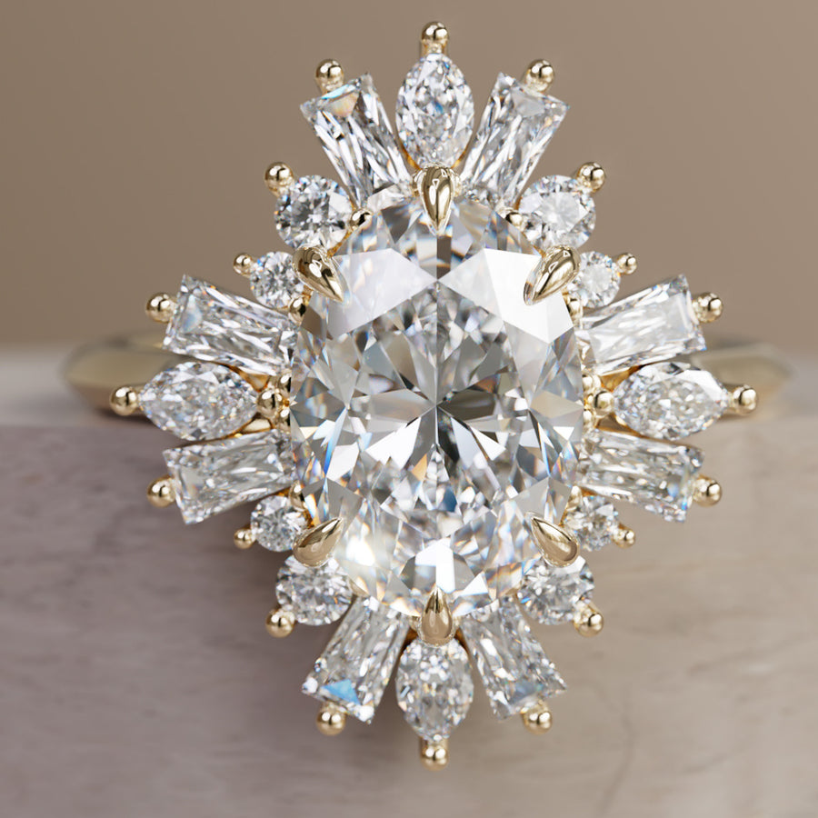 Vintage Fantasy Halo Engagement Ring with Oval Diamond By Valley Rose