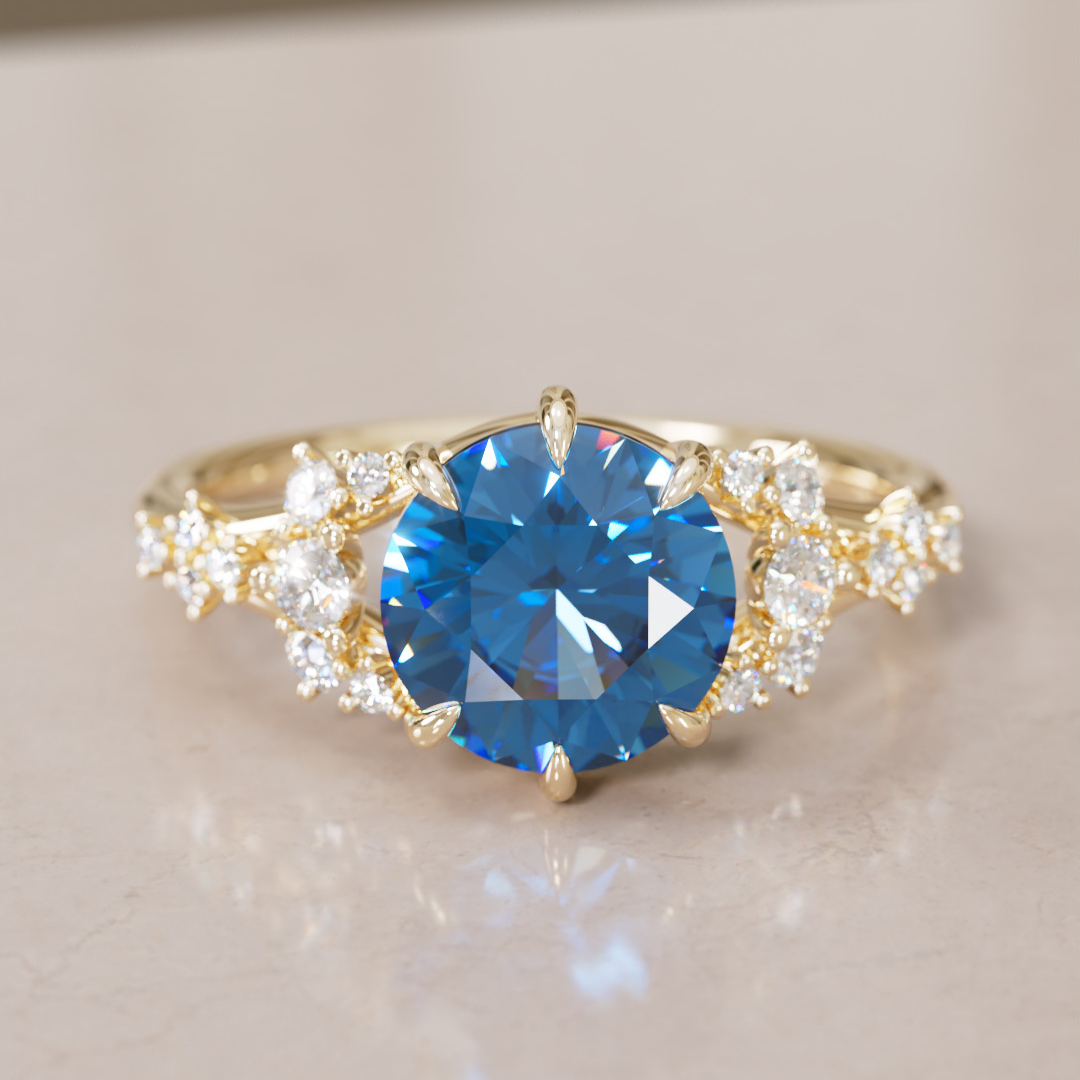Unique Nature Round Blue Sapphire Engagement Ring Lab Diamonds By Valley Rose