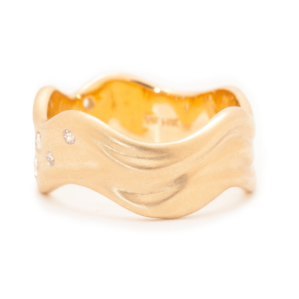 Wave Ocean Diamond Wide Band, Nature Textured Gold Ring Lab Diamond By Valley Rose Ethical Jewelry