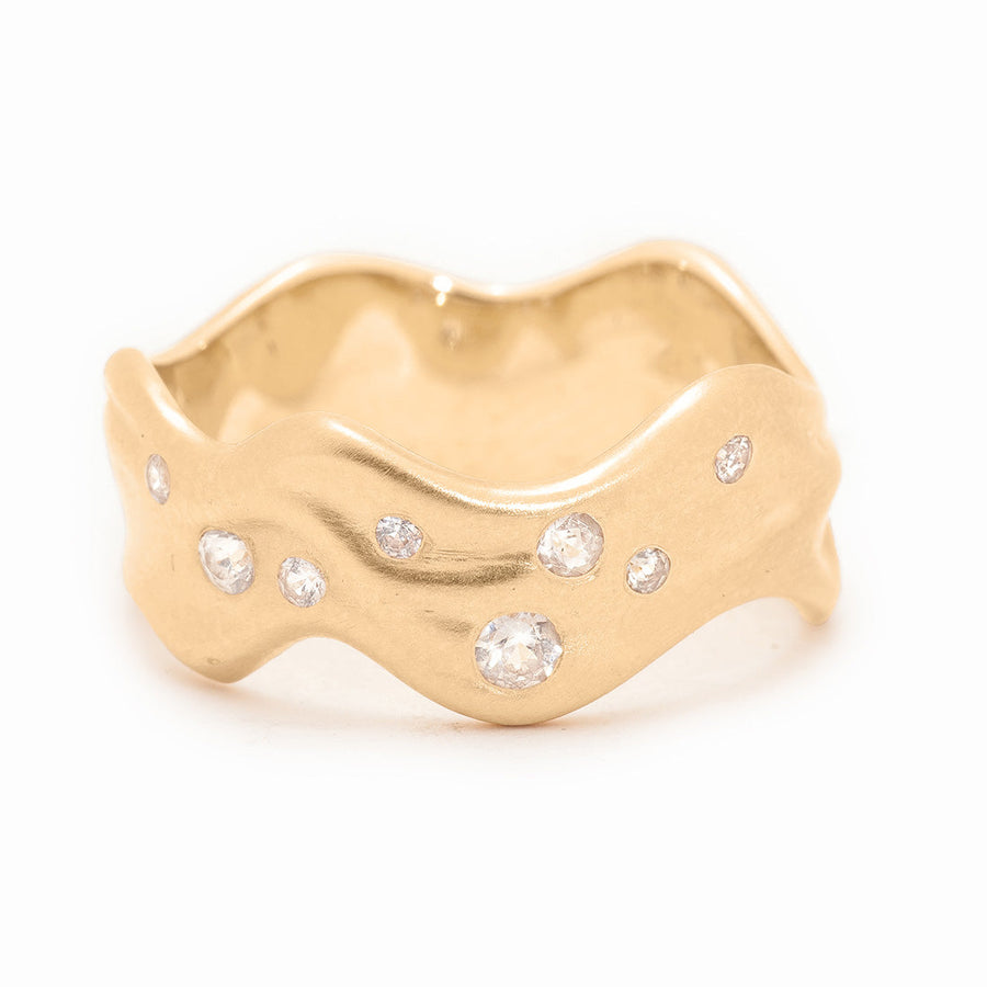 Wave Ocean Diamond Wide Band, Nature Textured Gold Ring Lab Diamond By Valley Rose Ethical Jewelry