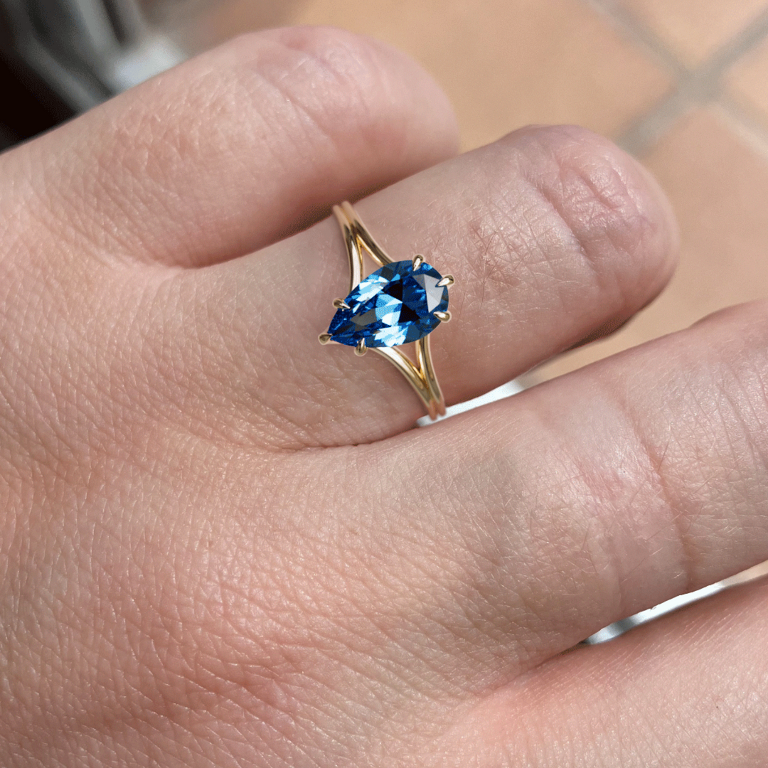Zoe Pear Blue Sapphire Modern Unique Split Shank Engagement Ring By Valley Rose