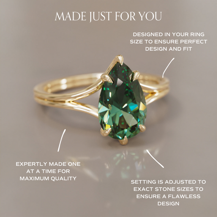 Zoe Pære Grøn Safir Moderne Unik Delt Skaft Forlovelsesring