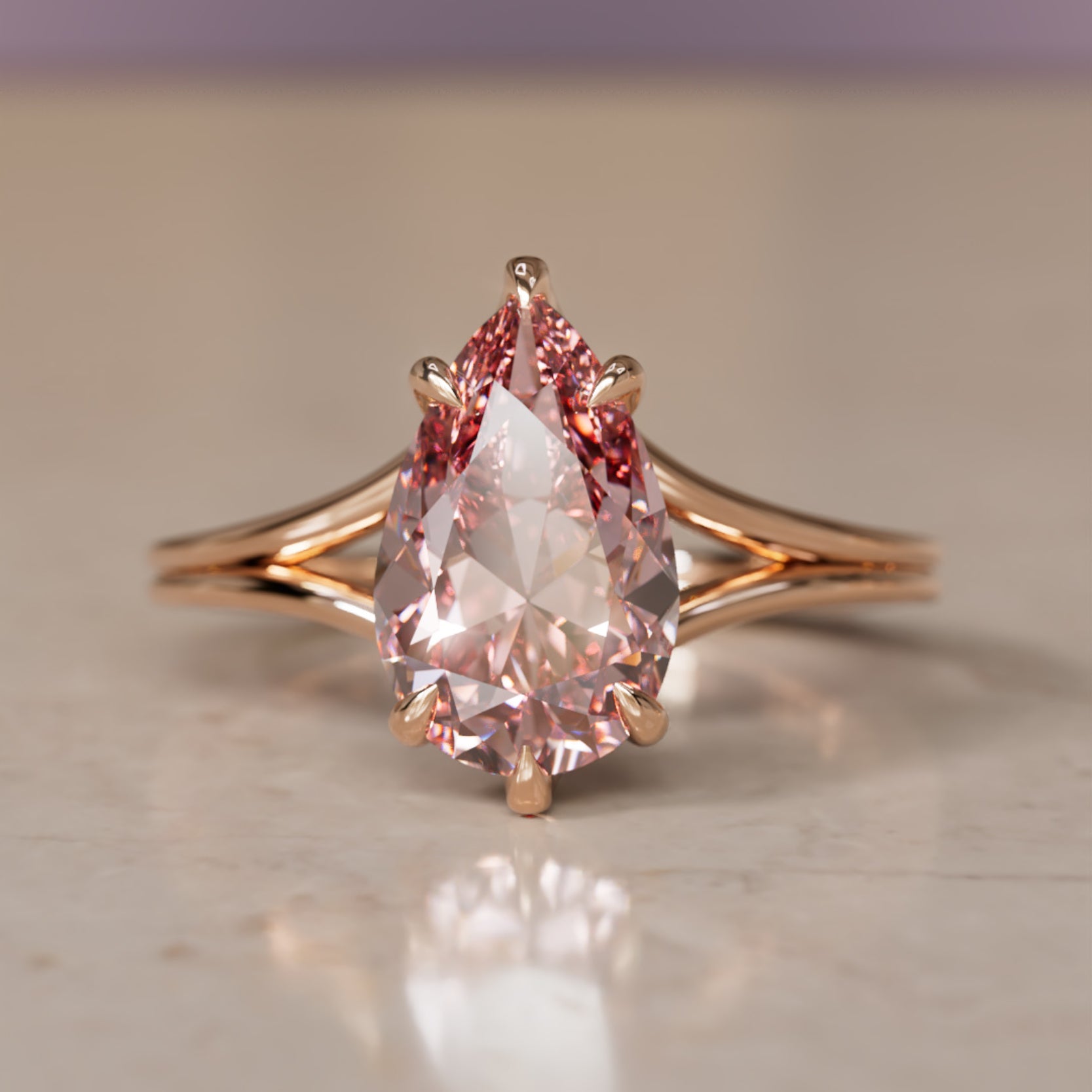 Zoe Pear Pink Lab Diamond Modern Unique Split Shank Engagement