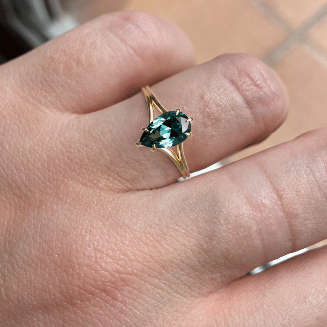 Zoe Pear Teal Sapphire Modern Unique Split Shank Engagement Ring By Valley Rose